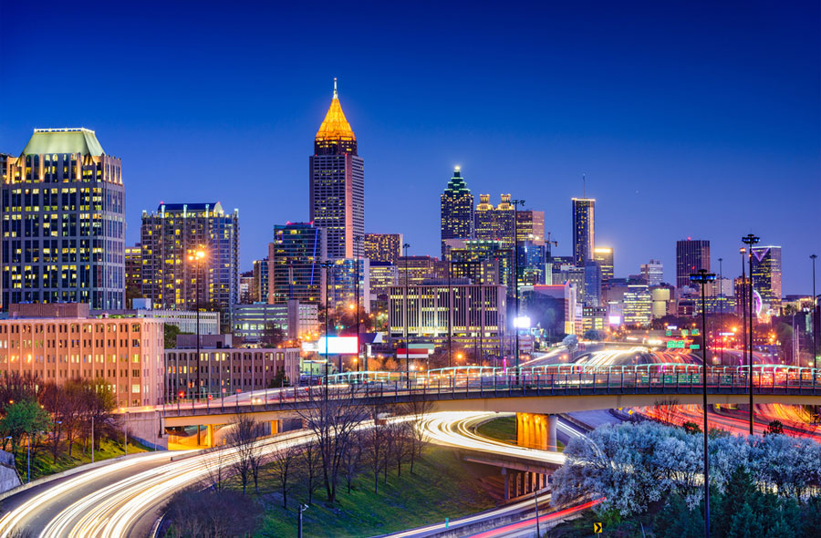 Busy Atlanta interstates seen at night with a view of downtown Atlanta 