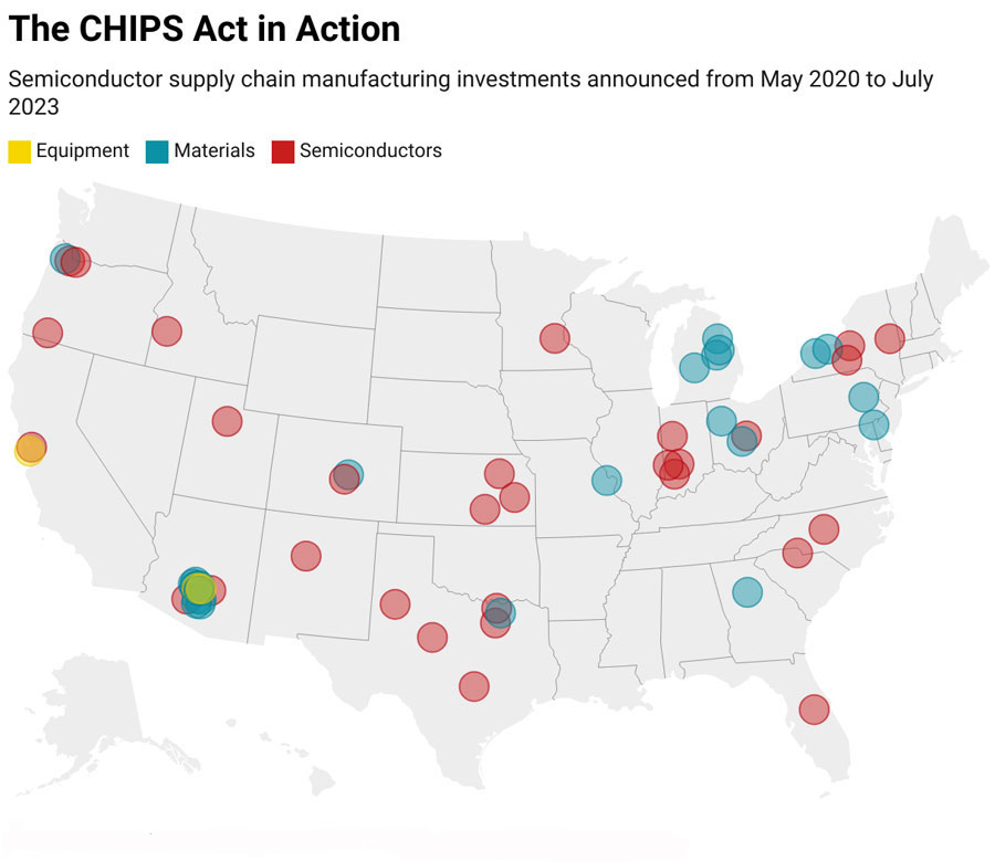 Semiconductor investment map of United States with planned semiconductor manufacturing and support facilities