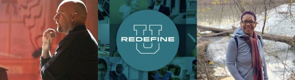 A photo of AACC's Redefine U logo in the center with a photo of college students on either side.