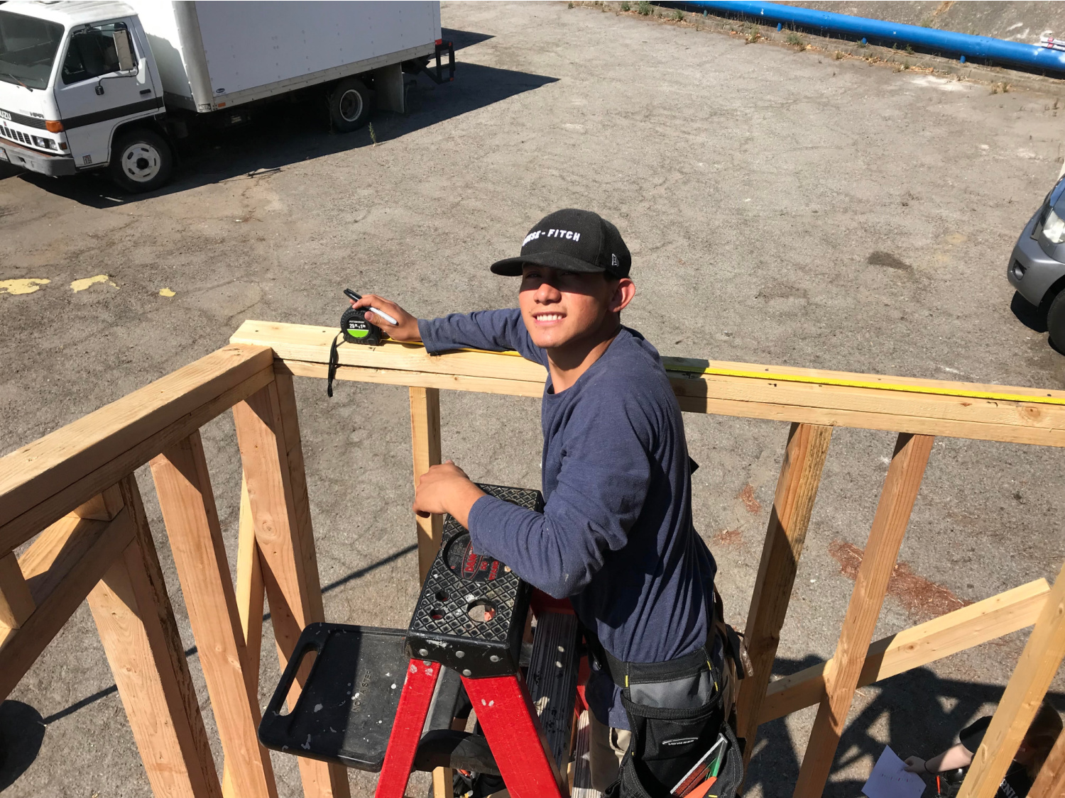 Student builder Melkyn Mazariegos works on the framing early in the process
