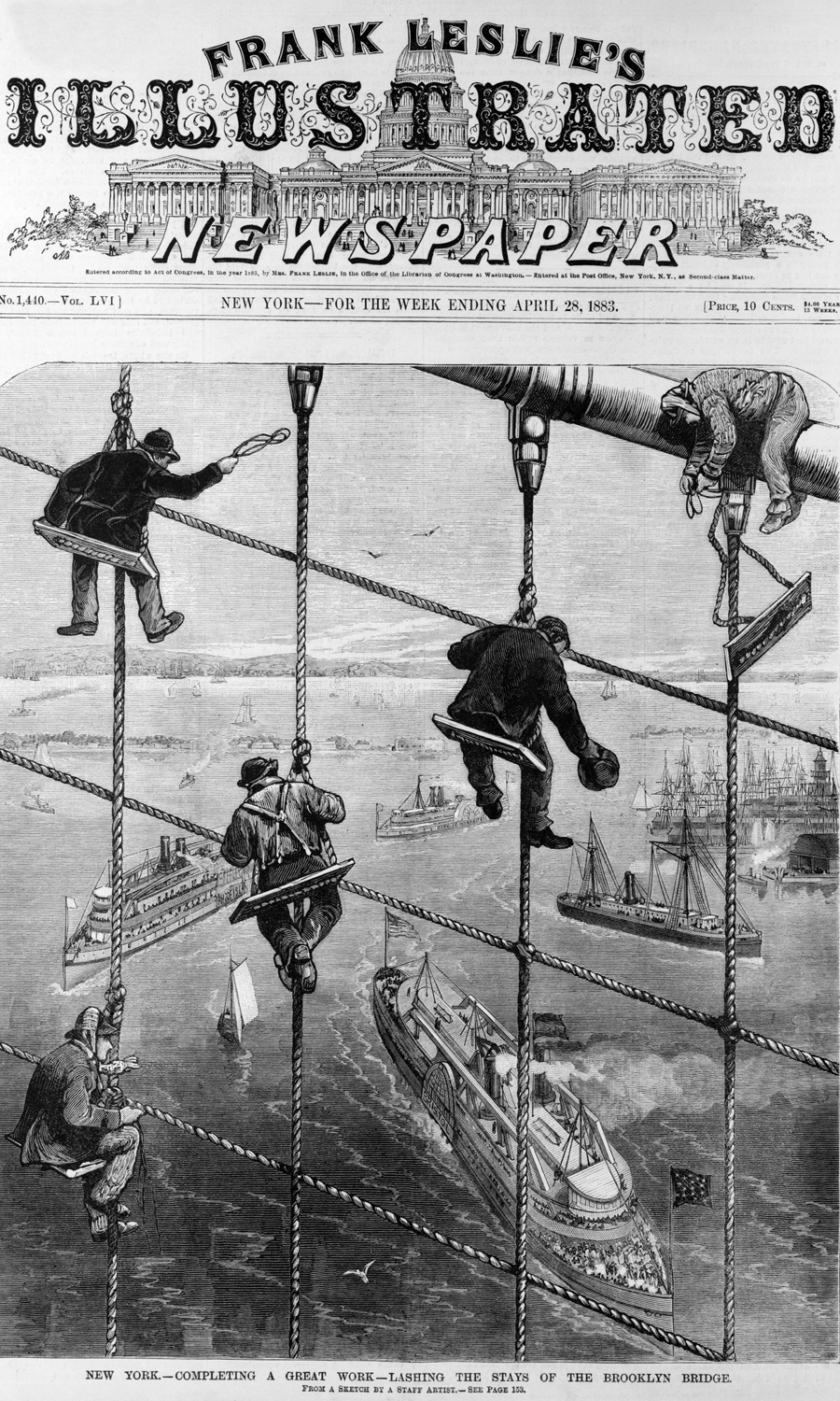 This illustration from a newspaper in 1883 shows men working on the netting of the Brooklyn Bridge. The Industrial Revolution revealed a need for skilled workers, and the federal government supported efforts to provide training for these in-demand jos. 