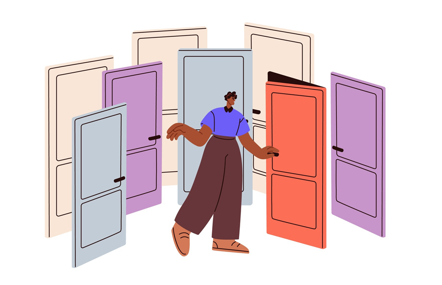 Illustration showing a Black student considering which door to walk through