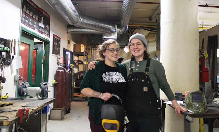 Lauren Svedman (left) at Chicago Women in Trades with a welding student