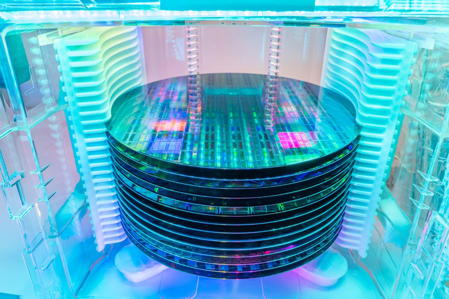 silicon wafters stacked in a pod in a manufacturing facility