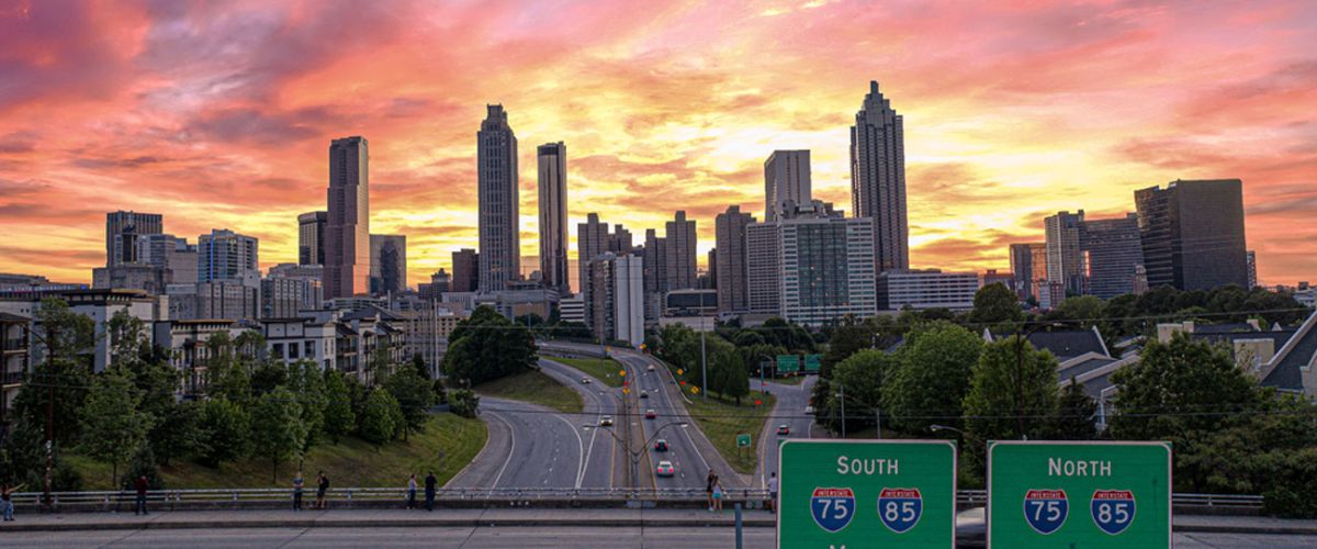 Beautiful sunset is a backdrop for the Atlanta downtown skyline