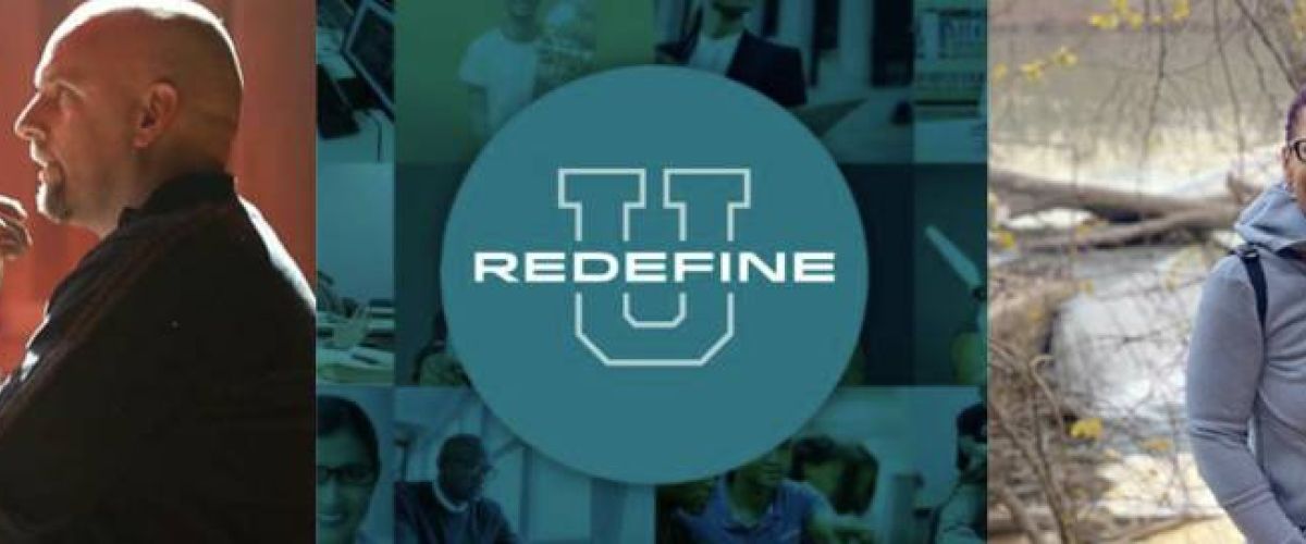 A photo of AACC's Redefine U logo in the center with a photo of college students on either side.