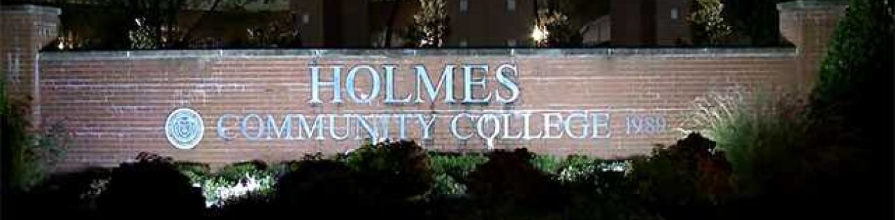 Brick sign on campus for Holmes Community College in Goodman, Mississippi
