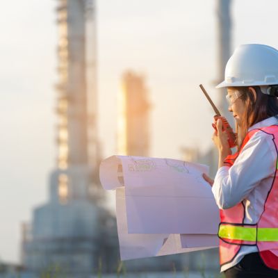 An industrial engineering technician reviews a blueprint while talking on a walkie-talkie in front of a worksite