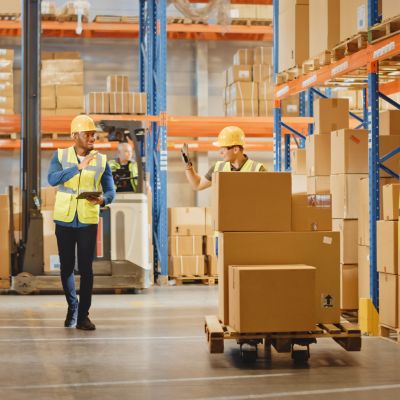A logistician in a safety vest checks in with employees at a warehouse