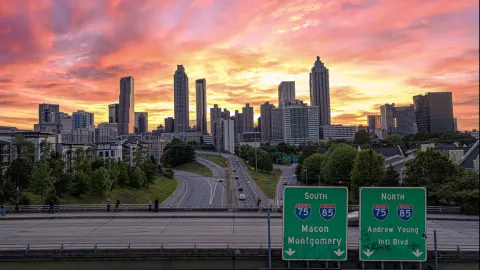 Beautiful sunset is a backdrop for the Atlanta downtown skyline