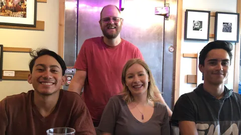 The build team for Big Skills Tiny Homes includes students Melkyn Mazariegos (from left) Melena King and Owen Navarro led by founder Sean Ticknor