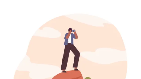 illustration of a young person standing on a rock using binoculars