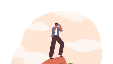 illustration of a young person standing on a rock using binoculars