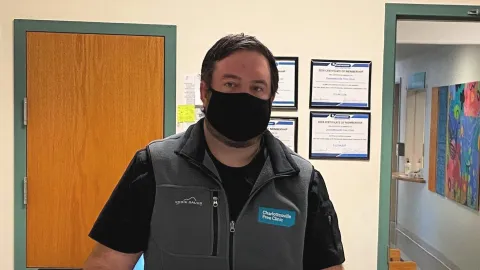 Pharmacy technician Chris Hicks in the Charlottesville Free Clinic pharmacy