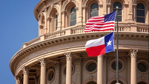 U.S. and Texas flags fly at the Texas State Capitol in Austin
