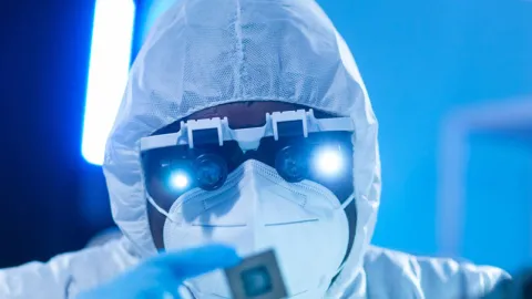 Semiconductor worker examines a microchip