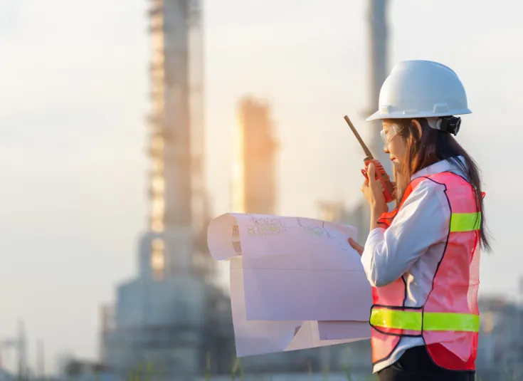 An industrial engineering technician reviews a blueprint while talking on a walkie-talkie in front of a worksite