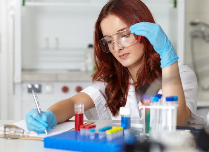A lab technician works with samples and records the information