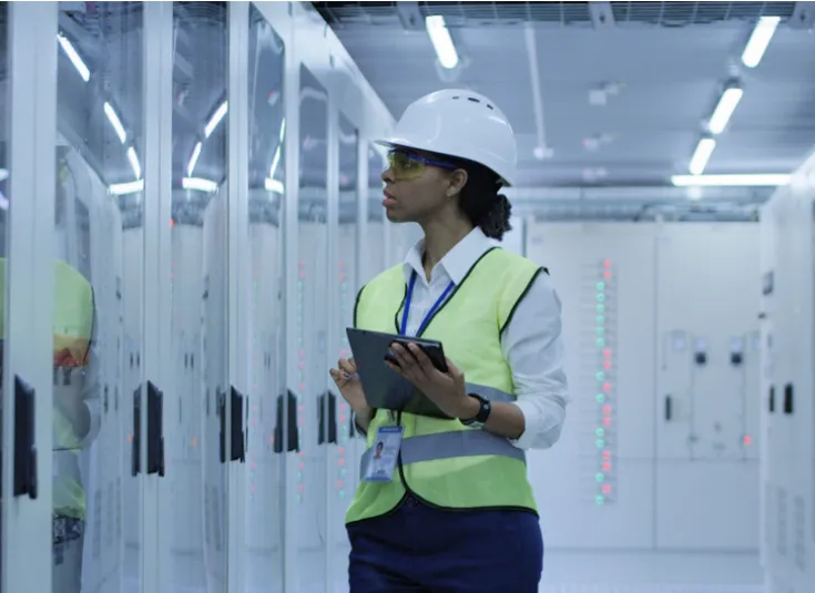 Female power plant operator inspecting equipment 