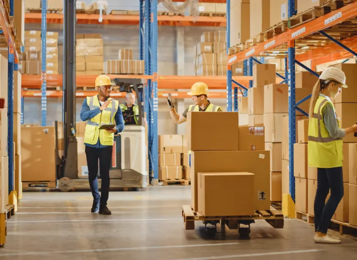 A logistician in a safety vest checks in with employees at a warehouse