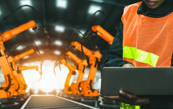 A person in an orange hi-vis vest works on a tablet in front of manufacturing machinery.