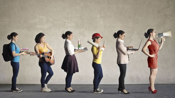 Woman shown in different uniforms to denote different jobs and stages of her life