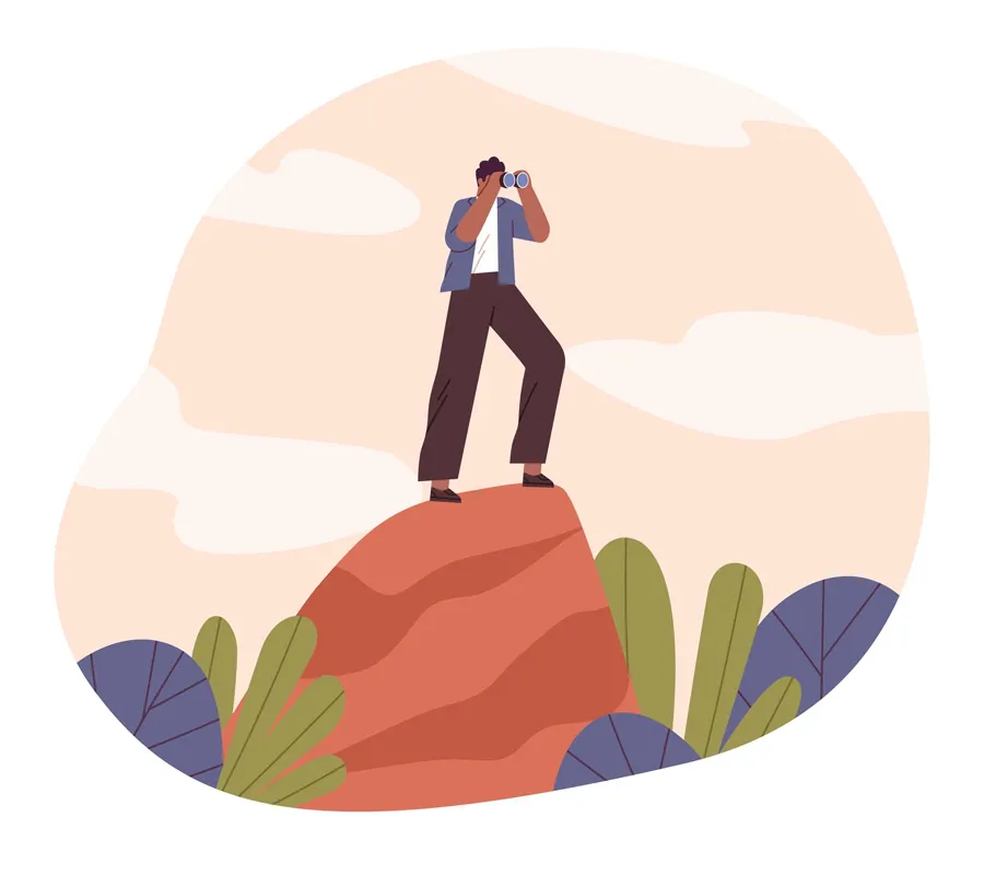 illustration of a young person standing on a rock using binoculars