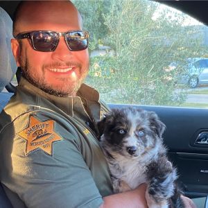 Officer Javier Arteaga with a puppy in his squad car
